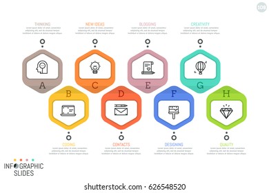 8 Separate Hexagonal Elements With Thin Line Icons Inside And Text Boxes. Simple Infographic Design Layout. Services Provided By Company Concept. Vector Illustration For Presentation, Website Menu.