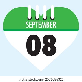 8 September calendar icon green heart shape on light sky blue color background, calendar vector symbol for the month of September.