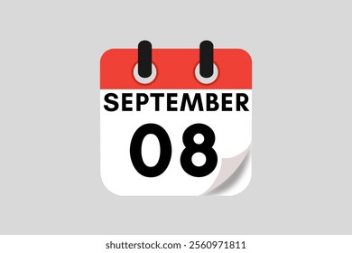 8 September calendar icon text page monthly web design on red, white, black and ash background vector, icon, or illustration with the month of September 8