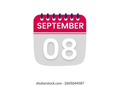 8 September month single day vector, illustration, calendar with red, off white and white color background calendar September 8