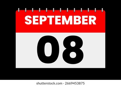 8 September month single day vector, illustration, calendar with red, off-white and black color background calendar icon of September 8