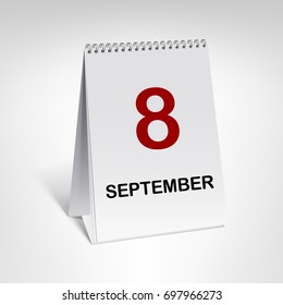 8 September. Spiral calendar vector illustration. Vertical table calendar with date isolated on white background.