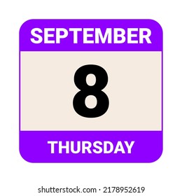 8 de septiembre, jueves. Plantilla de fecha. Diseño útil para la promoción de calendarios o eventos. Archivo EPS 10 de la ilustración del vector