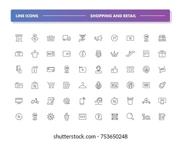 8. Set of 60 line icons. Shopping and retail collection. Vector illustration for store, discounts and promotions