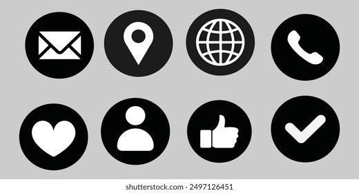 8 Set of Email, Location, Web, Phone, Love, human, like, Checkmark, icons silhouette vector style with white background