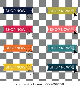  8 Set of Shop now button. Set of button shop now or buy now with transparent background .Modern collection for web site. Vector illustration.
