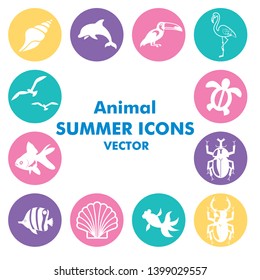 8 set of summer image icons, animals, sea animals, vector, summer greeting card