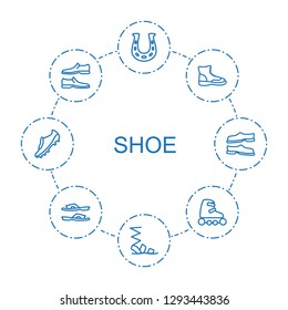 8 shoe icons. Trendy shoe icons white background. Included outline icons such as horseshoe, sandals, boot, man shoe, skate rollers, slippers, soccer trainers. icon for web and mobile.