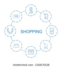 8 shopping icons. Trendy shopping icons white background. Included line icons such as put money on card, store, shopping cart, vip, skirt, necklace. icon for web and mobile.