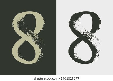 8. Logotipo serif número ocho con pinceladas secas. Tipo de letra clásico. Grunge los elementos de los bordes ásperos y texturados. Perfecto para la marca de moda, titular vintage, identidad de lujo, invitación a la boda.