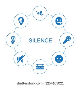 8 silence icons. Trendy silence icons white background. Included filled icons such as no sound, room tag, emot with zipper mouth, ear, door knob. silence icon for web and mobile.