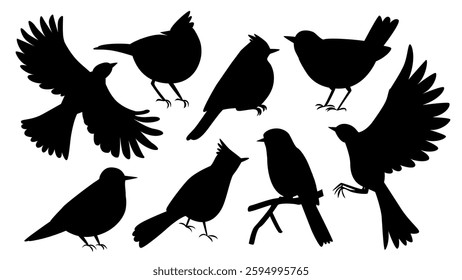 8 silhouettes of birds in flight and different poses. Wildlife. Clipart elements for creating ornaments and patterns. Vector illustration.