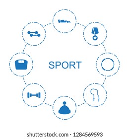 8 sport icons. Trendy sport icons white background. Included filled icons such as sport car, winter hat, medal with star, dumbbell, skipping rope. sport icon for web and mobile.
