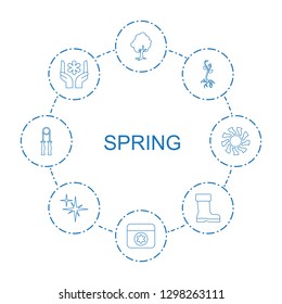 8 spring icons. Trendy spring icons white background. Included line icons such as tree, flower, sprout, boot, clean, sport expander, sun. spring icon for web and mobile.
