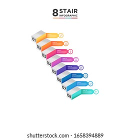 8 Treppenstufen Zeitstrahl Infografik Element. Geschäftskonzept mit acht Optionen und Anzahl, Schritten oder Prozessen. Visualisierung von Daten. Vektorillustration.