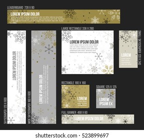 8 Standard size winter christmas banner templates with snowflakes - golden version