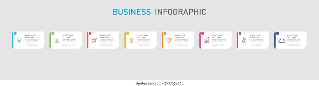 8 Step business infographic rectangular design with colorful elements. Business concept with 8 options. For content, diagram, flowchart, steps, parts, timeline infographics, workflow, chart.