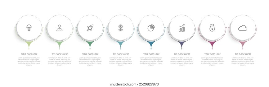 Modelo de vetor infográfico circular de 8 etapas com processo e opções com ícones. Pode ser usado para processo, apresentações, layout, banner, gráfico de informações.