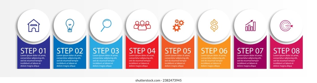 8 step infographic, simple infographic design consisting of eight interrelated parts, circle design combined with lines, icons and colors, good for your business presentation