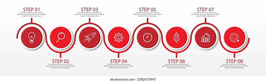 8 step infographic, simple infographic design consisting of eight interrelated parts, circle design combined with lines, icons and colors, good for your business presentation