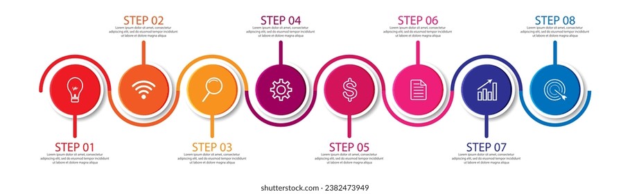 8 step infographic, simple infographic design consisting of eight interrelated parts, circle design combined with lines, icons and colors, good for your business presentation