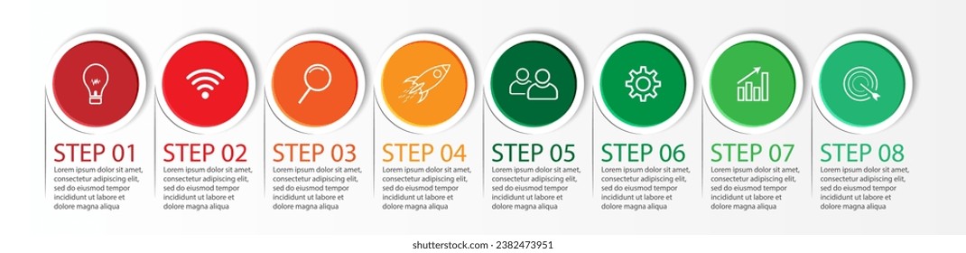 8 step infographic, simple infographic design consisting of eight interrelated parts, circle design combined with lines, icons and colors, good for your business presentation