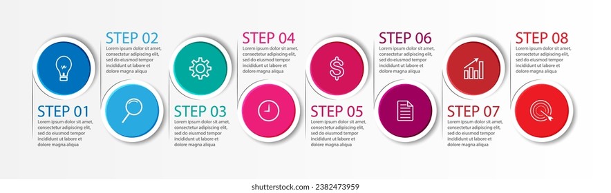 Infografía de 8 pasos, diseño infográfico simple compuesto por ocho partes interrelacionadas, diseño de círculo combinado con líneas, iconos y colores, bueno para su presentación de negocios