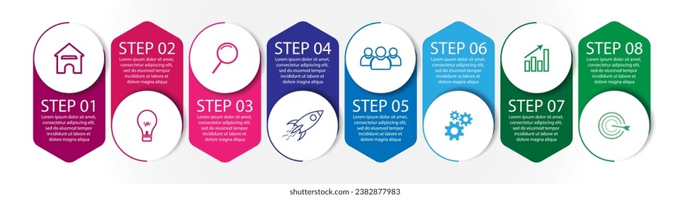8 step infographic, simple infographic design consisting of eight interrelated parts, circle design combined with squares, lines, icons and colors, good for your business presentation
