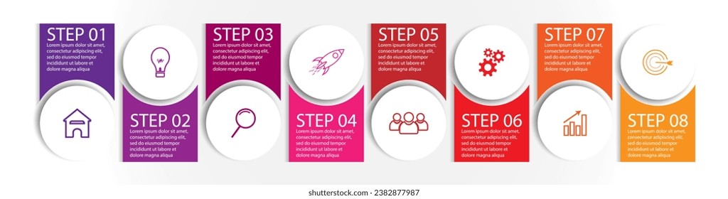 8 step infographic, simple infographic design consisting of eight interrelated parts, circle design combined with squares, lines, icons and colors, good for your business presentation