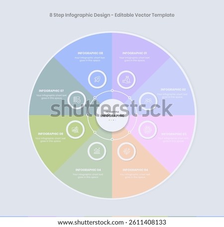 8 Step Infographics Design Template, circle diagram, Modern Business presentation Infographic elements, colorful circle workflow slide template,  Timeline minimalist rounded infographic template
