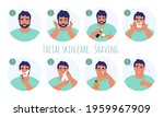 8 step men facial skin care, flat vector illustration. Washing face, shaving with razor using shave foam, soap or cream, and applying aftershave for smooth skin. Male grooming, shaving routine.