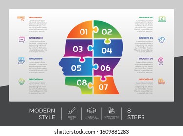 8 Step or Process Infographic With Puzzle Head Layout and Chart Design