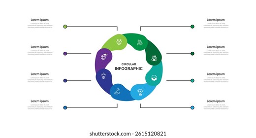 8 step process infographic template on circle shape. 
