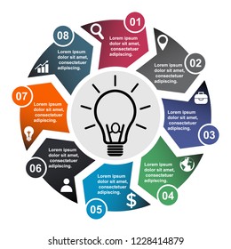 8 step vector element in eight colors with labels, infographic diagram. Business concept of 8 steps or options with bulb .