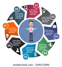8 step vector element in eight colors with labels, infographic diagram. Business concept of 8 steps or options with businessman .