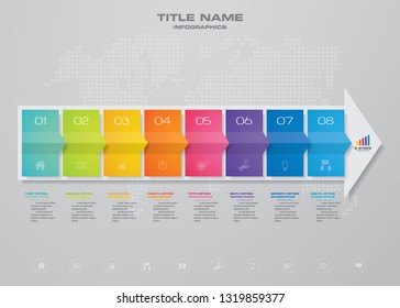	
8 steps arrow timeline infographic element. 8 steps infographic, vector banner can be used for workflow layout, diagram,presentation, education or any number option. EPS10.