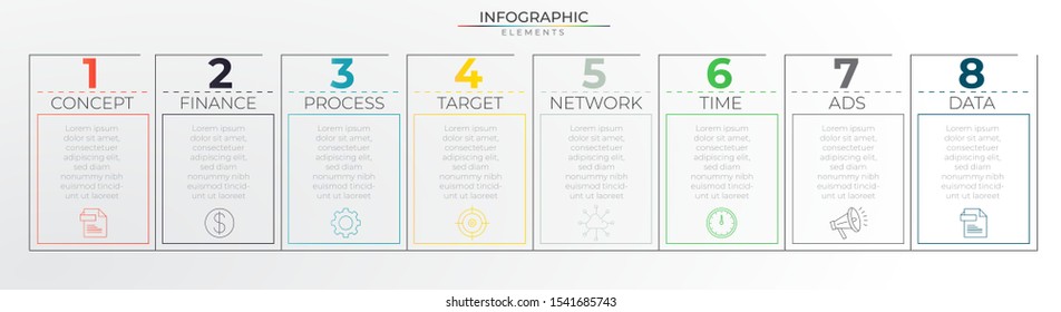 8 steps business infographic with thin line elements and icons. Timeline process template. Modern vector art for company or corporate business project and presentation. Trendy Eps10 design