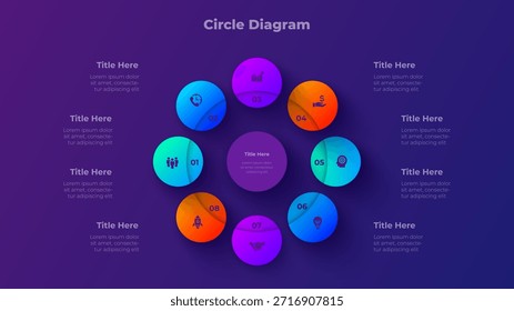 Modelo de apresentação de diagrama de círculo de 8 etapas com opções de processo de oito etapas no vetor de plano de fundo escuro.
