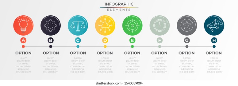 8 steps circular infographic concept with colorful paper elements and icons. Chart process template. Modern vector art for company or corporate business project and presentation. Trendy Eps10 design