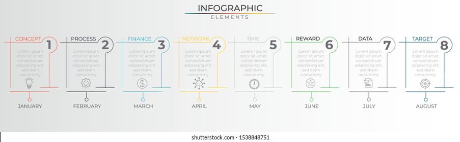 8 steps colorful thin line infographic with number, and icons elements. Timeline process template. Modern vector art for company or corporate business project and presentation. Trendy Eps10 design