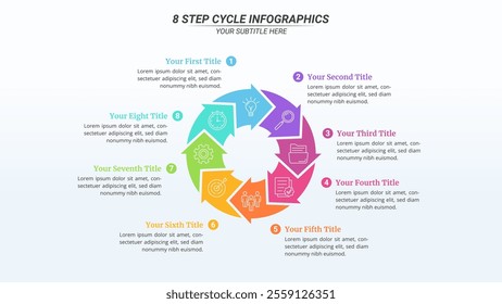 8 Steps Cycle Infographics on a 16:9 Layout for Business Presentation, Poster, Banner and Booklet.