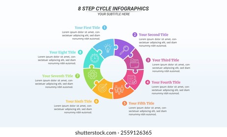 8 Steps Cycle Infographics on a 16:9 Layout for Business Presentation, Poster, Banner and Booklet.