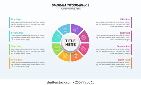 8 Steps Diagram Infographic on a 16:9 Layout for Business Presentation, Poster, Banner and Booklet.