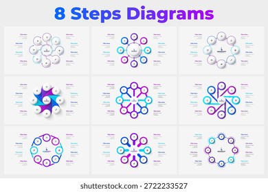 Modelo de apresentação de diagrama de 8 etapas, infográfico de processo circular, fluxo de trabalho de opções de oito etapas, conjunto de diagramas de vetor de estratégia de negócios.