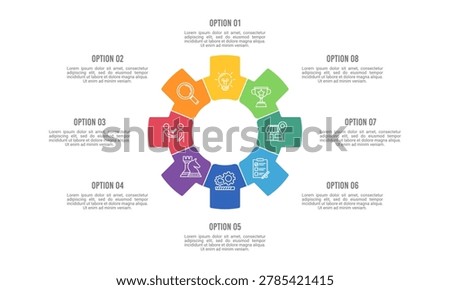 8 steps gear infographic diagram for business mechanism presentation. Presentation, Report and Plan. Vector illustration.