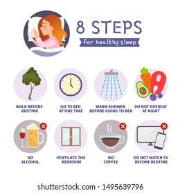 8 steps for healthy sleep. Medical, healthcare concept. Illustration of a cute girl in the bed. 