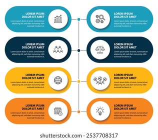 Modelo infográfico de 8 etapas com 8 opções. Fluxograma que pode ser usado para apresentação, visualização e relatório de negócios. Ilustração vetorial dos elementos infográficos da linha do tempo.