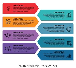 8 steps infographic template with 8 options. Flowchart that can be used for business report, data visualization and presentation. Timeline infographic elements vector illustration.