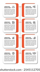 8 steps infographic template with 8 options. Flowchart that can be used for business report, data visualization and presentation. Timeline infographic elements vector illustration.