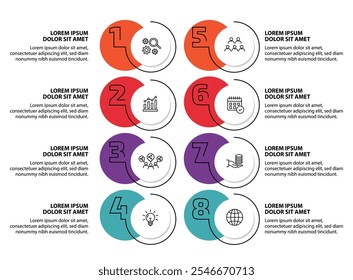 8 steps infographic template with 8 options. Flowchart that can be used for business report, data visualization and presentation. Timeline infographic elements vector illustration.